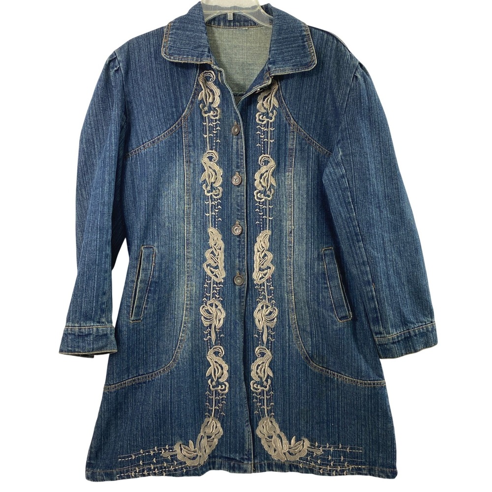 Womens Embroidered Denim Jacket Size Large Trench Floral Longline Boho Blue Jean